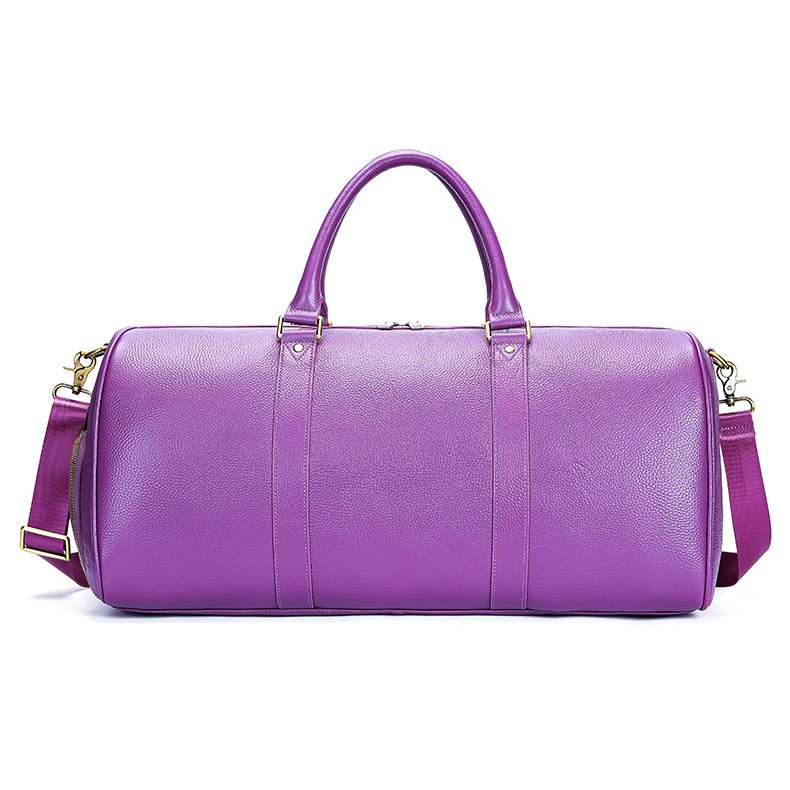 back of Extra Large Leather Duffle Bag with Shoe Compartment Purple