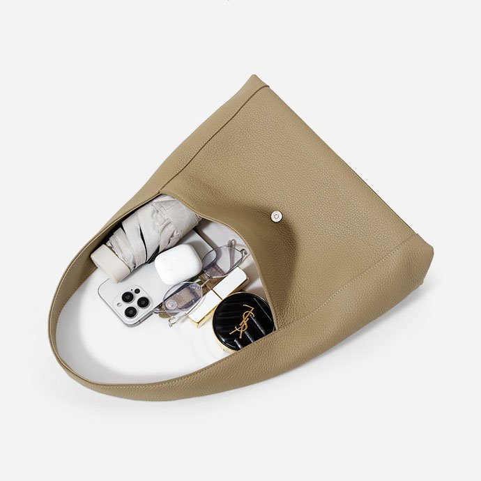 capacity of Full Grain Leather Hobo Bag with Small Flap Beige