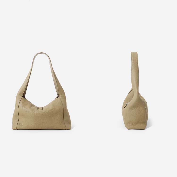 back and side of Full Grain Leather Hobo Bag with Small Flap Beige