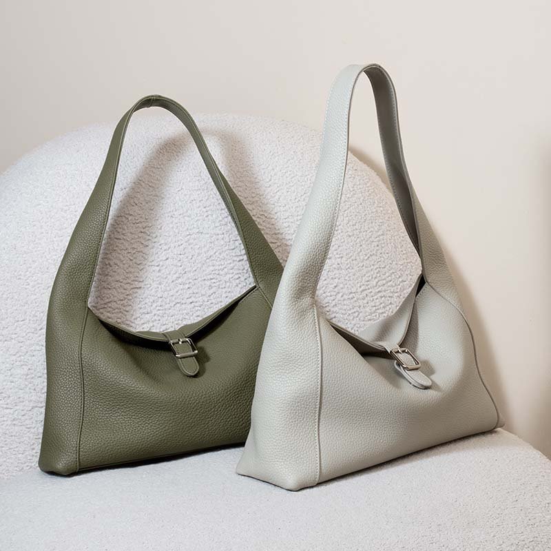 olive and grey Full Grain Leather Hobo Bag with Small Flap Grey