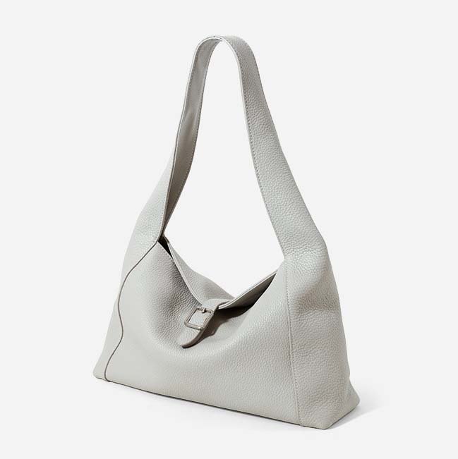side of Full Grain Leather Hobo Bag with Small Flap Grey