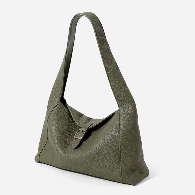 side of Full Grain Leather Hobo Bag with Small Flap Olive