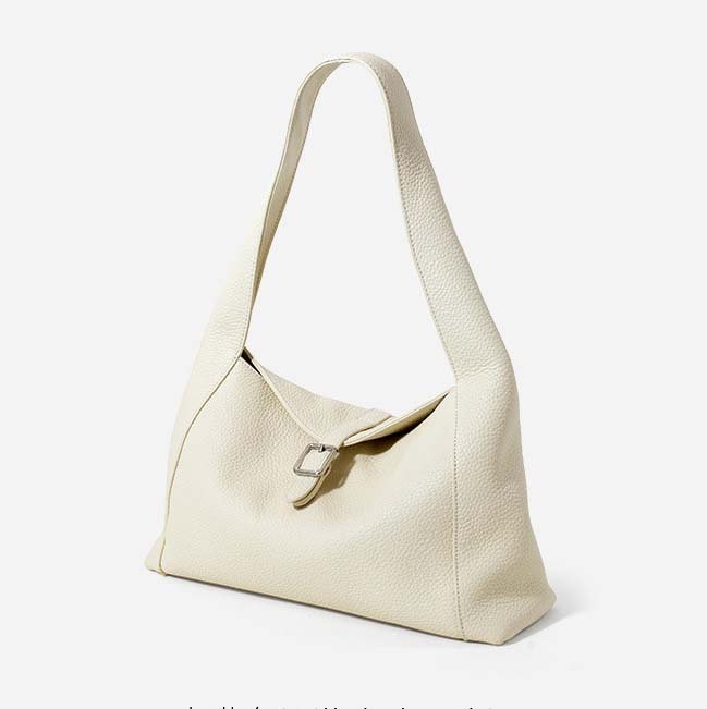 side of Full Grain Leather Hobo Bag with Small Flap White