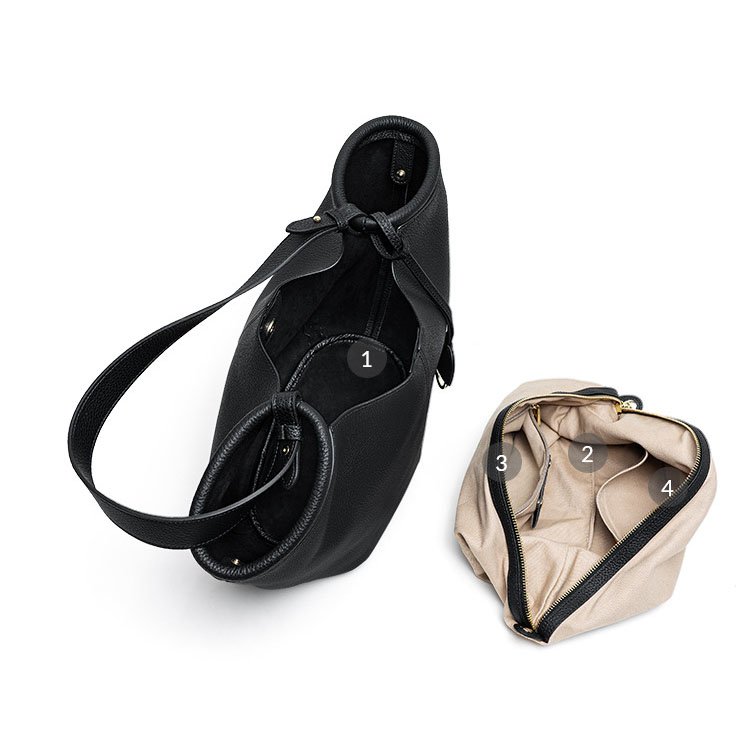inside looking of Togo Leather Large Shoulder Bag with Detachable Bag Black