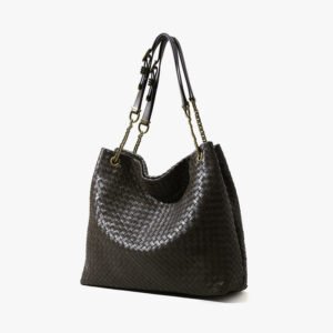 front of Woven Leather Large Tote Bag Chocolate