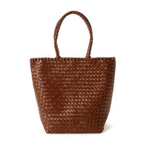 front of Woven Leather Medium Tote Bag with Braid Handle Brown