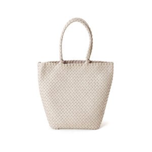 front of Woven Leather Medium Tote Bag with Braid Handle White