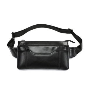 front of Black Leatehr Rectangle Sling Bag with Two Main Pockets