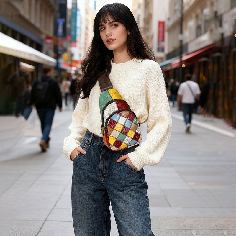 a black hair girl wearing white sweater carrying Jointed Square Leather Multicolor Sling Crossbody Bag on the street,