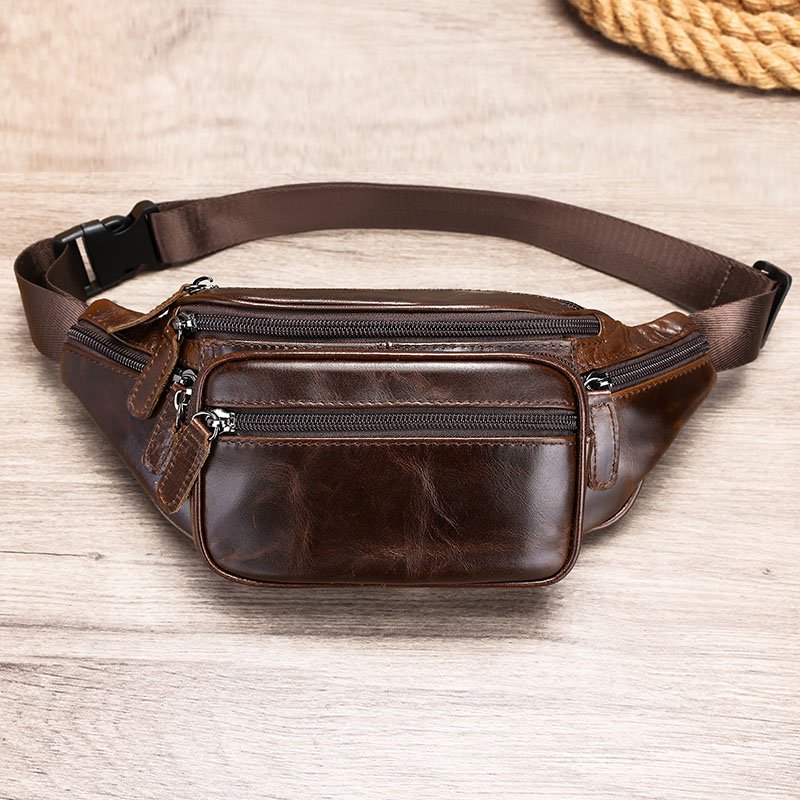 front of Multi Pocket Leather Crossbody Sling Bag Chocolate