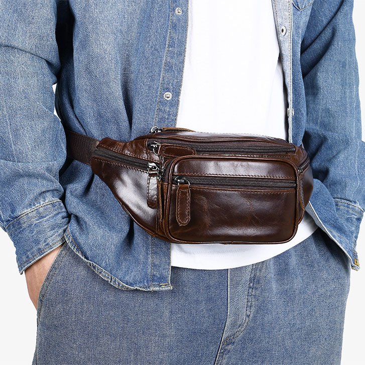 Multi Pocket Leather Crossbody Sling Bag Chocolate carrying on waist across body