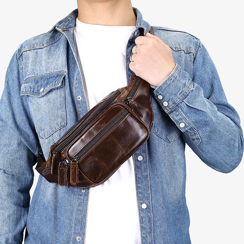 Multi Pocket Leather Crossbody Sling Bag Chocolate carrying on front across body