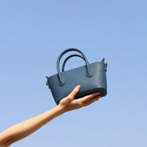 Calfskin Leather Mini Tote Bag blue carrying by hand,with blue sky