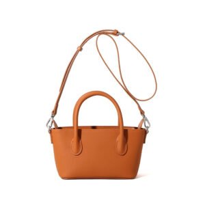Calfskin Leather Mini Tote Bag Brown with long leather strap