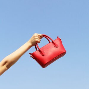 Calfskin Leather Mini Tote Bag Red carrying by hand,with blue sky