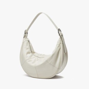 front of Full Grain Leather Shoulder Bag in Moon Shape White