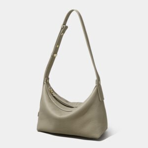 front of Full Grain Soft Leather Crossbody Bag with White Threads Taupe