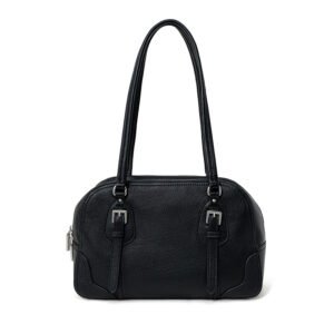 front of Pebble Leather Large Handbag with Zipper Black