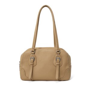 front of Pebble Leather Large Handbag with Zipper Sand