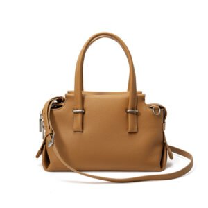 front of Pebble Leather Tote Bag with Unfill Corner Brown