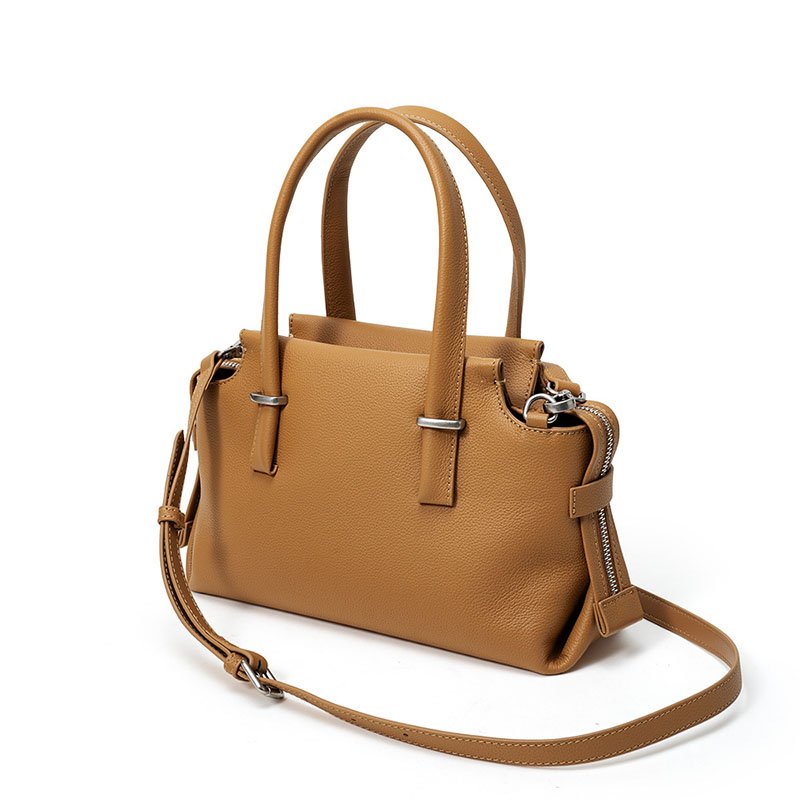 side of Pebble Leather Tote Bag with Unfill Corner Brown