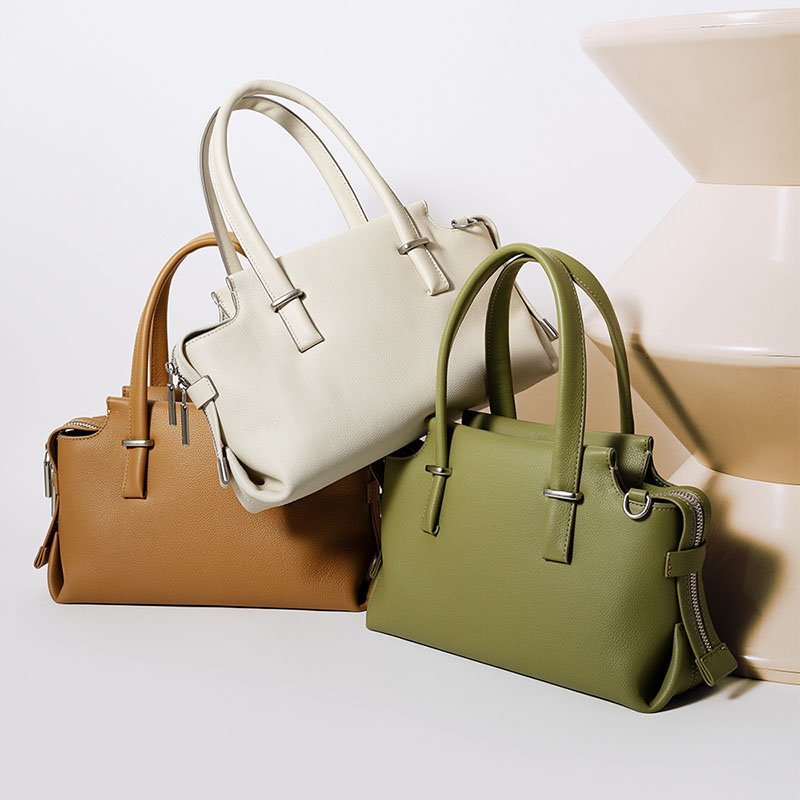 3 color of Pebble Leather Tote Bag with Unfill Corner,Brown,white,green