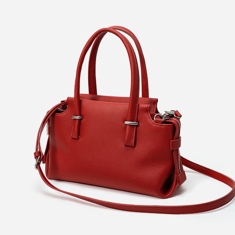 Pebble Leather Tote Bag with Unfill Corner Red with long shoulder strap