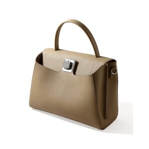 45 degree side of Togo Leather Top Handle Crossbody Bag with Square Turnlock Taupe