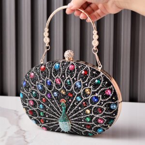 front of Crowded Rhinestone Oval Clutch in Peacock Black