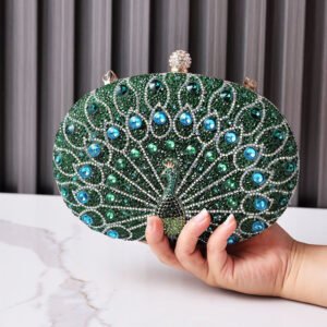 Crowded Rhinestone Oval Clutch in Peacock Emerald on hand