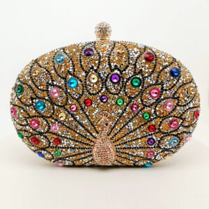 Front of Crowded Rhinestone Oval Clutch in Peacock Multicolor Gold