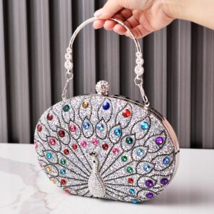 Front of Crowded Rhinestone Oval Clutch in Peacock Multicolor Silver