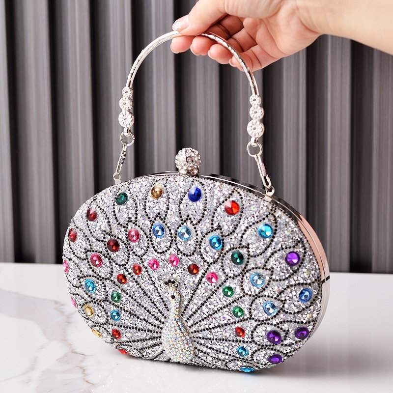 Front of Crowded Rhinestone Oval Clutch in Peacock Multicolor Silver