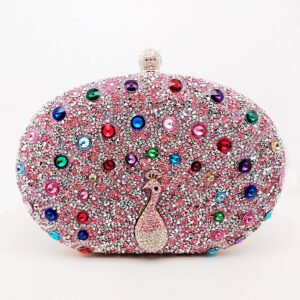 front of Crowded Rhinestone Oval Clutch in Peacock Pink