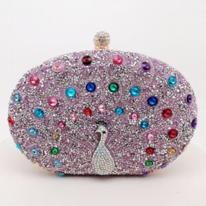 front of Crowded Rhinestone Oval Clutch in Peacock Purple