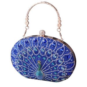 front of Crowded Rhinestone Oval Clutch in Peacock Royal Blue