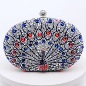 front of Crowded Rhinestone Oval Clutch in Peacock Siler Blue