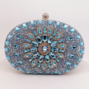 Front of Crowded Rhinestone Oval Crystal Clutch in Daisy Blue Jade