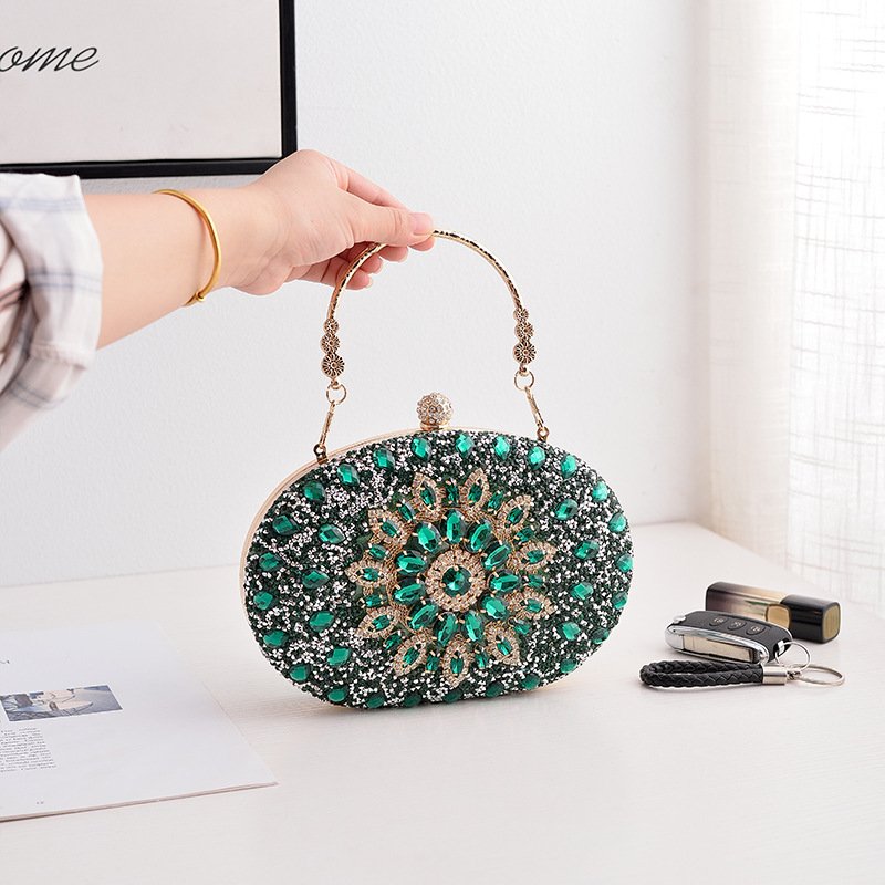 Front of Crowded Rhinestone Oval Crystal Clutch in Daisy Emerald