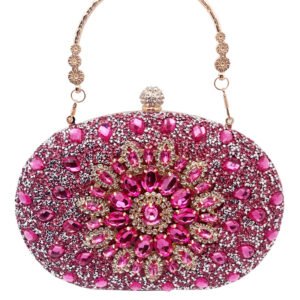 front of Crowded Rhinestone Oval Crystal Clutch in Daisy Multicolor Hot Pink
