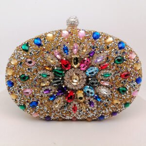 front of Crowded Rhinestone Oval Crystal Clutch in Daisy Multicolor Gold