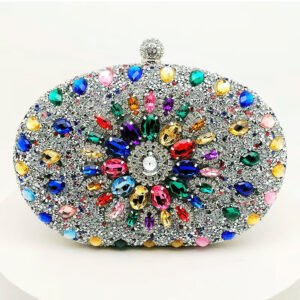 front of Crowded Rhinestone Oval Crystal Clutch in Daisy Multicolor Silver