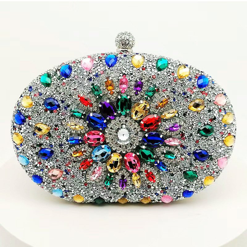 front of Crowded Rhinestone Oval Crystal Clutch in Daisy Multicolor Silver