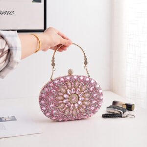 front of Crowded Rhinestone Oval Crystal Clutch in Daisy Pink