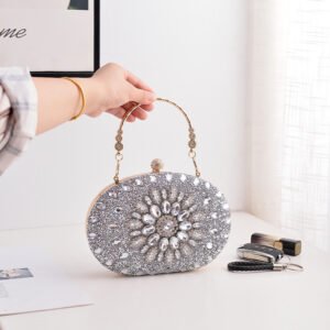 front of Crowded Rhinestone Oval Crystal Clutch in Daisy Silver