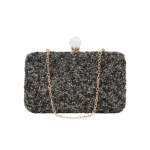 front of Crowded Stone Box Clutch Bag Black