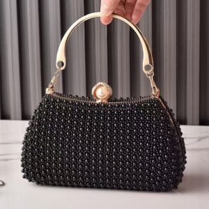 front of Fully Beaded Clutch Bag with Pealy Head Black