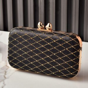 front of Rhombus Rhinestones Box Clutch Bag Black