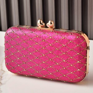 front of Rhombus Rhinestones Box Clutch Bag Hot Pink
