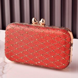 front of Rhombus Rhinestones Box Clutch Bag Red
